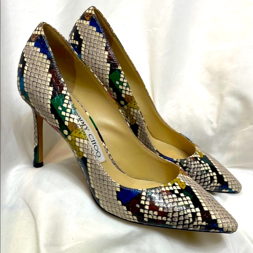Jimmy Choo Romy Designer Snakeskin Pointed Toe 85mm Heels, Blue Yellow Green